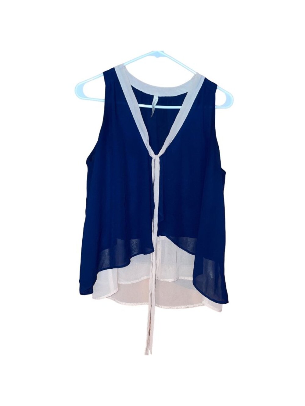 Paper Crane Womens Sleeveless Navy Beige Chiffon Layered Blouse Button Size M
